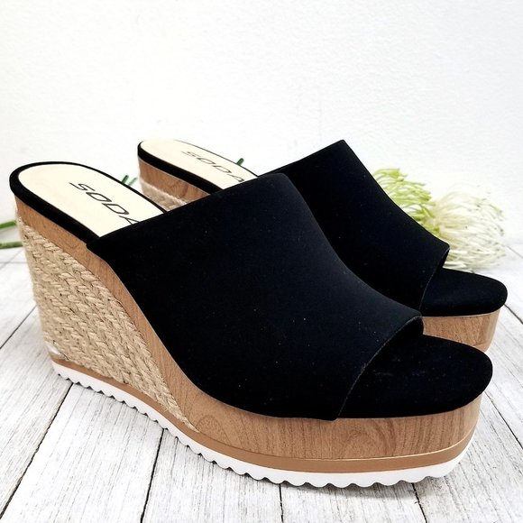 New Black Espadrille Platform Wedge Slide Sandals - Picture 2 of 4